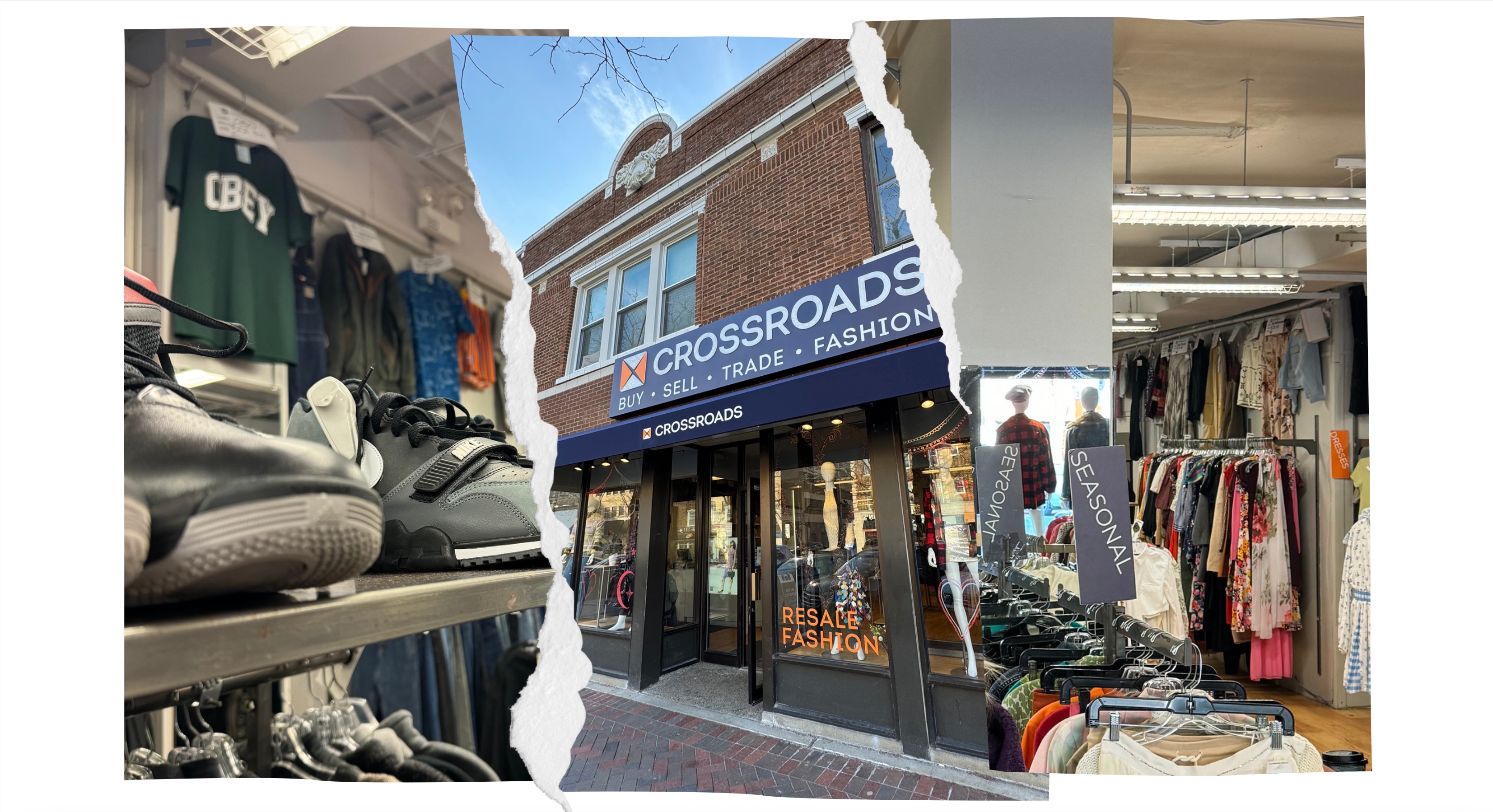 TDowntown Evanston’s Crossroads Trading location along with products displayed in the store.