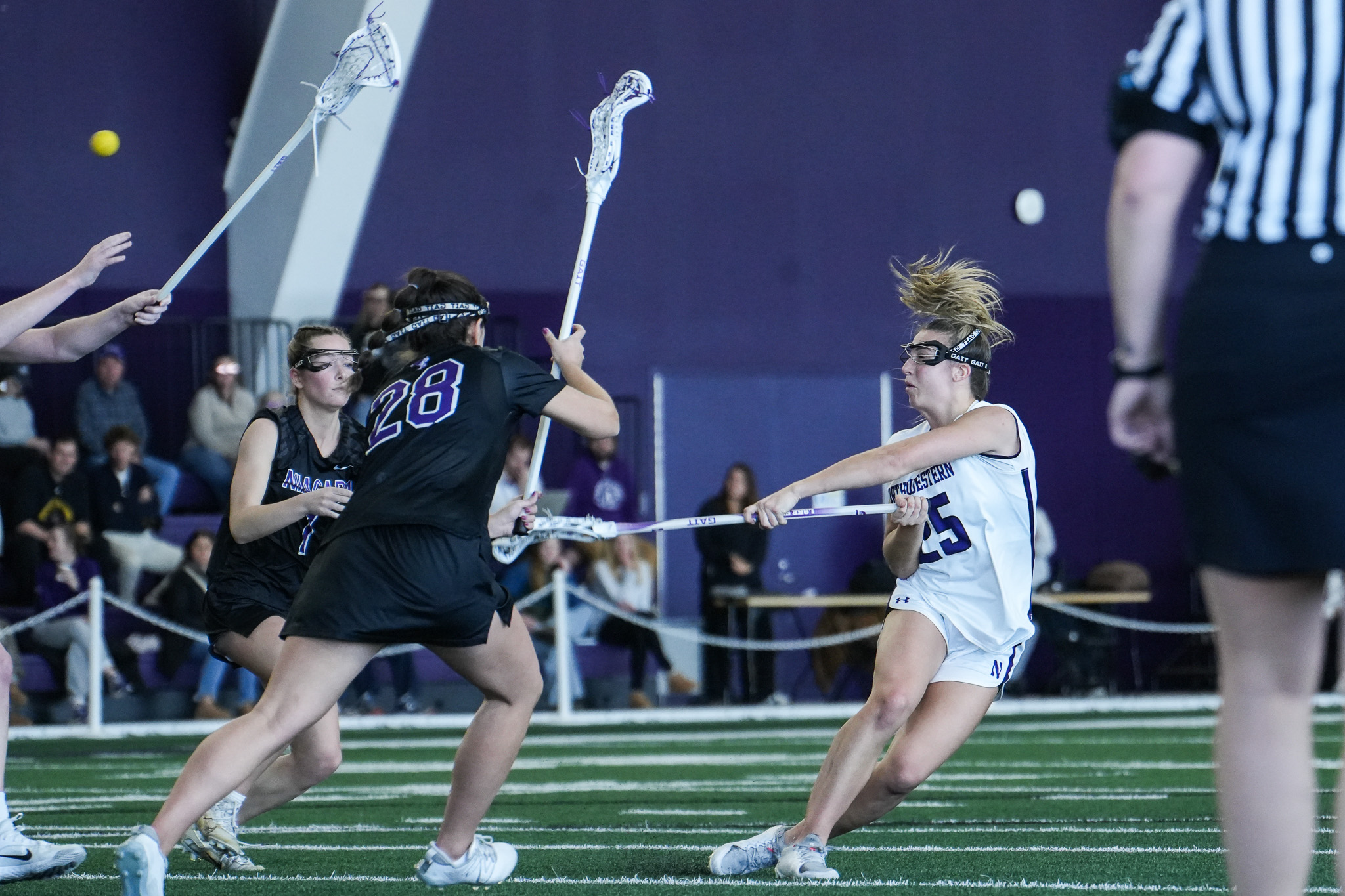 Junior attacker Madison Taylor scores an acrobatic goal against Niagara Tuesday. Taylor scored six goals in the win.